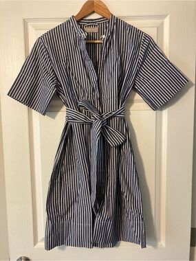 Striped Navy and White Tie-Waist Shirt Dress